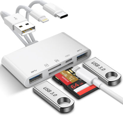 Picture of Universal Memory Card Reader 5-in-1 SD Card Reader for iPhone/iPad with Lightning/Type-C/USB Connector & SD/TF Card Slots USB OTG Adapters Supports SD/Micro SD/SDHC/SDXC/MMC Memory Cards