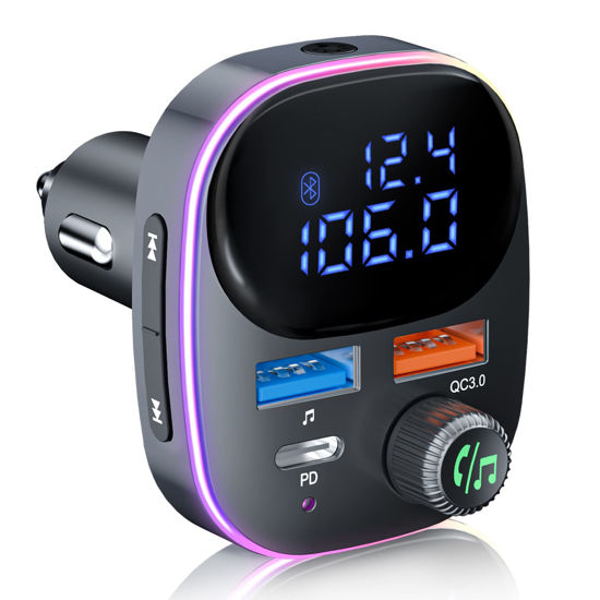 Picture of Upgraded Bluetooth 5.3 FM Transmitter for Car - SOARUN Bluetooth Car Adapter [Large LCD Screen/Light Switch], PD20W+QC3.0 USB Charger Music Radio Adapter,7 Colors LED Backlit/Hands-Free Calling/U-Disk