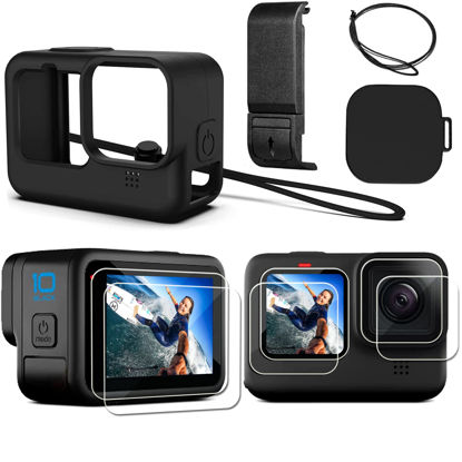 Picture of PCTC Hero 12 Silicone Sleeve Protective Case + 6 Pack Tempered Glass Screen Protector for Hero 12/11/10/9, Accessories Kit for GoPro Hero 12/11/10/9 Black（Battery Side Cover & Lens Caps & Lanyard）