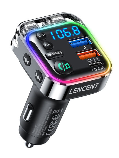 Picture of LENCENT Bluetooth 5.3 FM transmitter,PD 30W & QC3.0 Fast Charger Bluetooth car adapter,Hi-Fi music/clear calling car FM bluetooth adapter