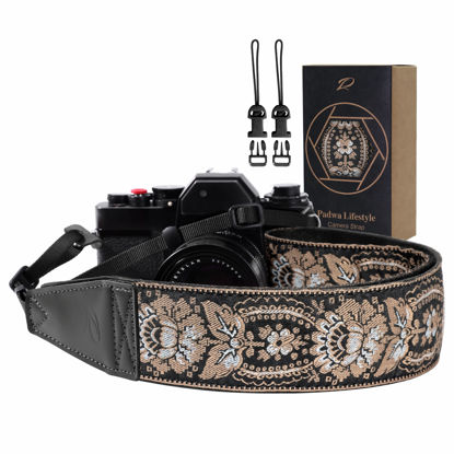 Picture of Padwa Lifestyle Camera Strap - 2" Full Grain Leather Ends Camera Straps for Photographers, Vintage Embroidered Cotton Weave Soft Suede Fabric Padded Strap Quick Release fits All Cameras