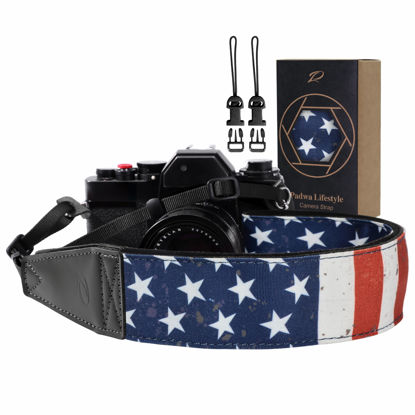 Picture of Padwa Lifestyle American Flag Print Camera Strap - 2" Full Grain Leather Ends, Vintage Flag Pattern Camera Straps for Photographers, Soft Chamois Velvet Padded Strap Quick Release fits All Cameras