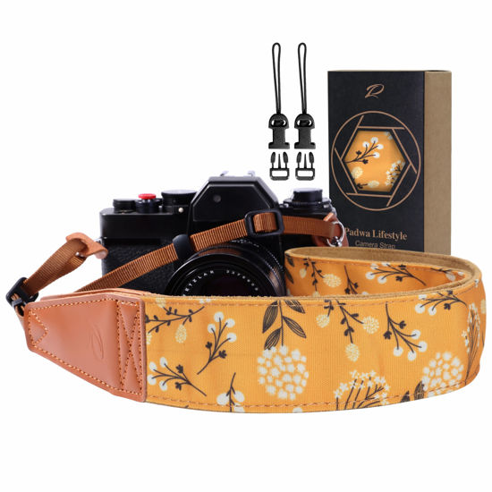 Picture of Padwa Lifestyle Camera Strap - 2" Full Grain Leather Ends Camera Straps for Photographers, Vintage Embroidered Cotton Weave Soft Suede Fabric Padded Strap Quick Release fits All Cameras