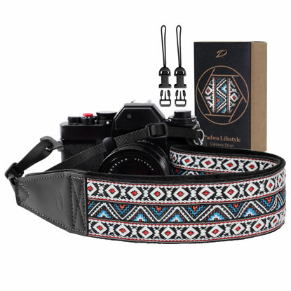 Picture of Padwa Lifestyle Camera Strap - 2" Full Grain Leather Ends Camera Straps for Photographers, Vintage Embroidered Cotton Weave Soft Suede Fabric Padded Strap Quick Release fits All Cameras