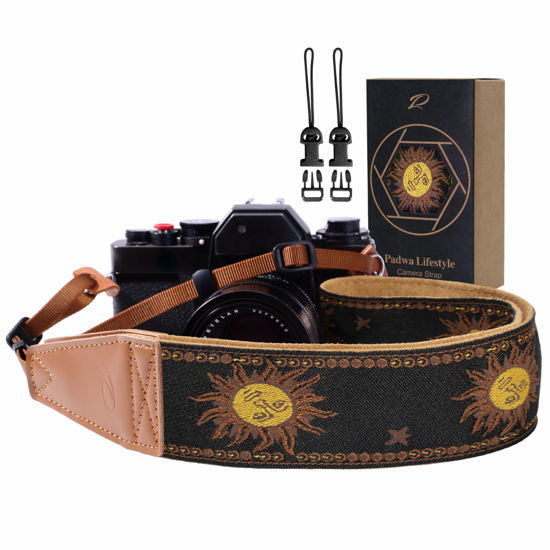 Picture of Padwa Lifestyle Sun God Camera Strap - 2" Full Grain Leather Ends, Vintage Sun Face Camera Straps for Photographers, Soft Chamois Velvet Padded Strap Quick Release fits All Cameras