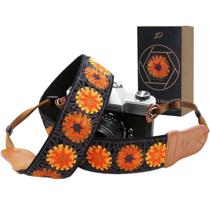 Picture of PADWA Hollow Crochet Orange Daisy Camera Strap - Double Layer Cowhide Ends,2" Pure Cotton Woven Camera Straps, Adjustable Vintage Neck Shoulder Strap for All DSLR Cameras,Great Gift for Photographers