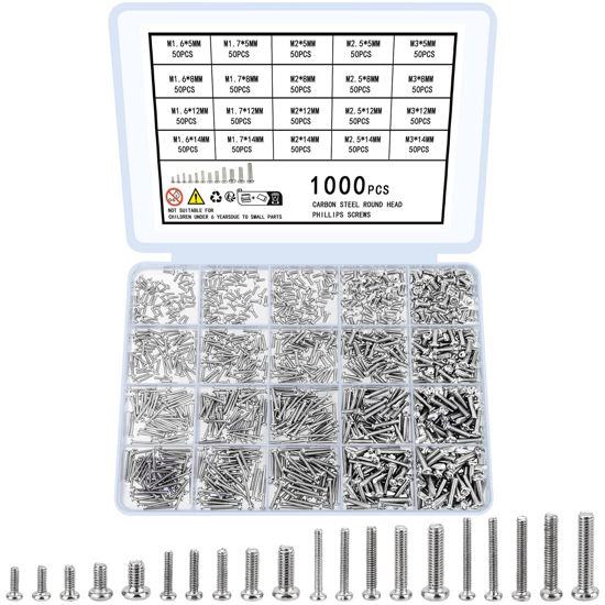 Picture of woshilaoDS 1000 Pcs Tiny Screws for Electronics, M1.6 M1.7 M2 M2.5 M3 Round Head Mini Screws, Replacement Computer Screws, Small Machine Screws Assortment Kit for Laptop Notebook Glasses Repair(1000)