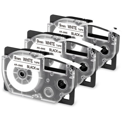 Picture of XR-9WE Replace for Casio Label It Tape 9mm 3/8'' XR-9WE XR9WE XR-9WE2S Black on White Tape Cassette Comaptible Casio EZ Label Printer KL-750 KL-60 KL-100 KL-120 KL-430 KL-780 KL-7200, 3-Pack