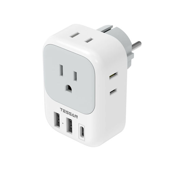 Picture of TESSAN Type E F Plug Adapter, Germany France Power Adapter with 3 USB Ports(1 USB C), 4 AC Outlets Travel Converter Plug Adaptor for US to Europe EU Spain Iceland Korea Greece Russia German French