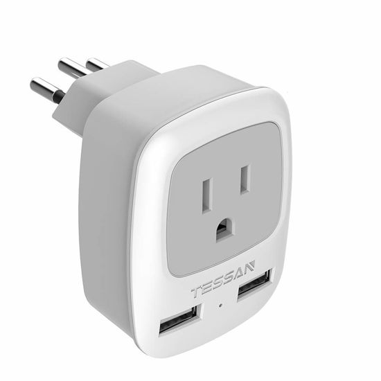 Picture of TESSAN Brazil Power Adapter Travel Plug, 3 in 1 USA Outlet Adapter with 2 USB Charging Ports and US Grounded Input for USA to Brazil, Type N