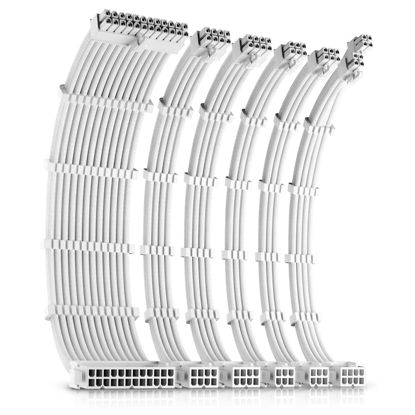 Picture of Okinos PSU Cables, Cable Extension PC, 16 AWG 24pin ATX / 4+4pin EPS / 8pin PCI-E / 6pin PCI-E PSU Extension Cable Kit, 30cm Length with Combs, White