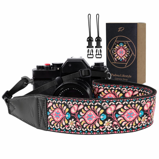 Picture of Padwa Lifestyle Camera Strap - 2" Full Grain Leather Ends Camera Straps for Photographers, Vintage Embroidered Cotton Weave Soft Suede Fabric Padded Strap Quick Release fits All Cameras