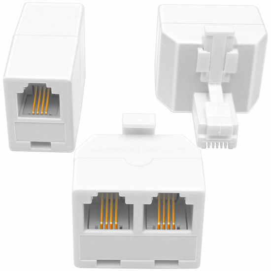 Picture of NECABLES 2+1Pack 2pcs Double Phone Jack Splitter RJ11 6P4C 1 Male to 2 Females and 1pc Phone Line Coupler for Landline and Fax White