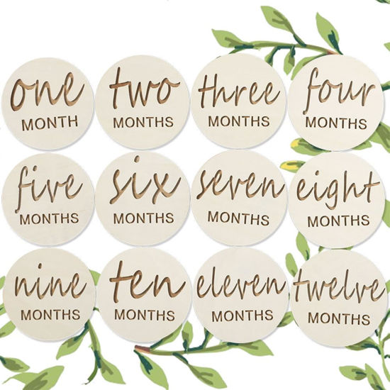 Picture of 12 Packs Wooden Baby Monthly Milestone Cards, Baby Monthly Milestones for Newborn Baby Gifts,1-12 Months Wooden Discs with Baby Announcement Sign, Pregnancy Baby Shower Gifts for Christmas New Year