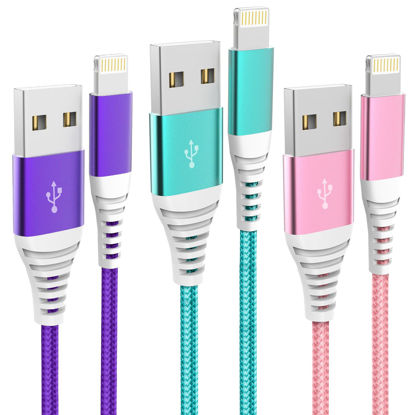 Picture of IDISON [MFi Certified] iPhone Charger 3Pack 6FT Lightning Cable Nylon Braided Fast iPhone Charging Cable Compatible with iPhone 14/13/12/11 Pro/MAX/XR/XS/8/7/6 Plus S SE/iPad iPod and More-Colorful