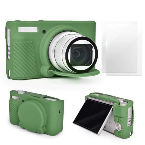 Picture of VOVMOEYA SX740 Camera Case Accessories Set[with 2 LCD Tempered Films],Silicone Protective Case Compatible with Canon PowerShot SX730 SX740 HS Digital Camera -Green