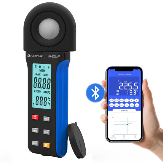 Picture of HoldPeak Illuminance Light Meter with Bluetooth, Digital Lux Foot Candles Meter 0.1~400,000 Lux with 270º Rotating Sensor, Lumen Meter Luxmeter for Plants, Car Headlights, Home & Office LEDs