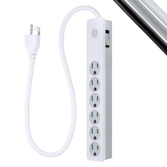 Picture of GE 6-Outlet Surge Protector, 2 Ft Extension Cord, Power Strip, 450 Joules, Twist-to-Close Safety Covers, UL Listed, White, 33656