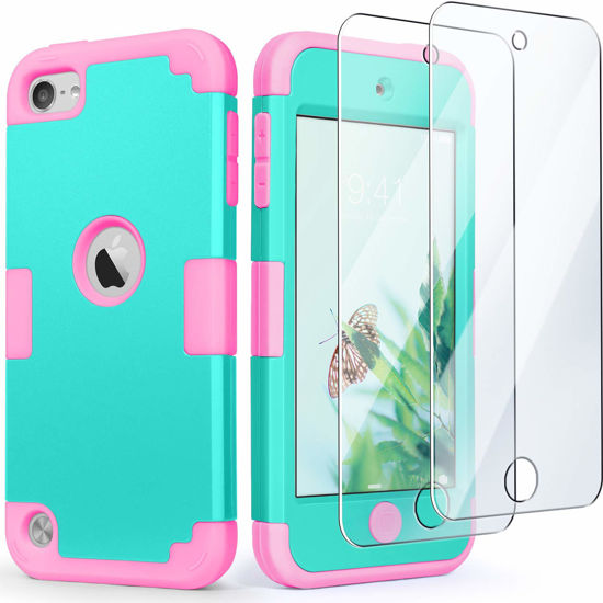 Picture of IDweel for iPod Touch Case with 2 Screen Protectors, 3 in 1 Hard PC Case + Silicone Shockproof for Kids Heavy Duty Hard Case Cover for iPod Touch 7th/6th/5th Generation,Mint+Pink