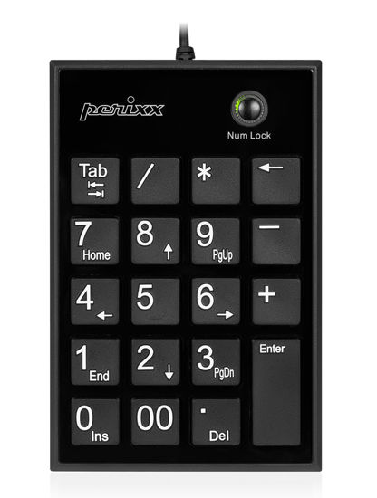 Picture of Perixx PPD-202 Wired 19 Keys Slim Numeric Keypad, Big Print Font, Silent Notebook Scissor Key Number Keypad with Tab Key and Num Lock, Black