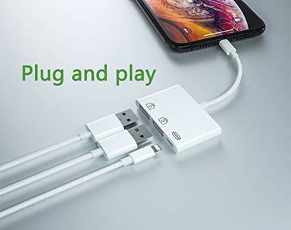 Picture of USB Camera Adapter, 3 in 1 Dual USB Female OTG Data Sync Cable with Charging Port Compatible for iPhone, iPad, Support USB Flash Drive, Card Reader, Keyboard and More.