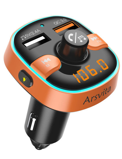 Picture of Upgraded Arsvita Bluetooth FM Transmitter for Car, Radio Receiver/Audio Adapter with Dual Car Charger, Support QC3.0 Quick Charging, Hands-Free Calling and Hi-Fi Sound Playback, Orange