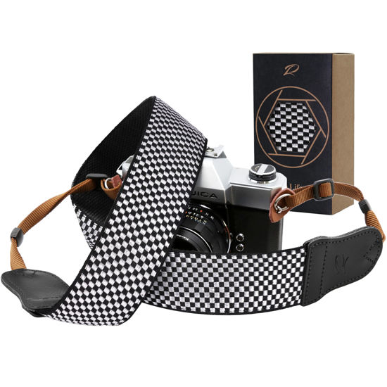 Picture of Padwa Lifestyle Black and White Fine Plaid Camera Strap - 2" Wide Cowhide Head Cotton Strap,Vintage Check Weave Neck Shoulder & Crossbody Camera Straps for Photographers Gift and All DSLR Cameras