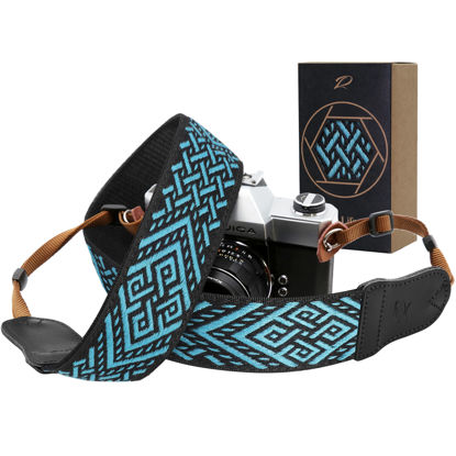 Picture of Padwa Lifestyle Camera Strap - 2" Cowhide Leather Head Cotton Camera Straps for Photographers,Vintage Jacquard Embroidery Adjustable Neck & Shoulder Strap for ALL DSLR/SLR Cameras (Blue Reticule)