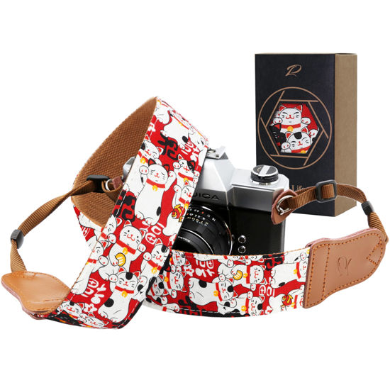 Picture of PADWA Red Cat Animal Print Camera Strap - Double Layer Cowhide Ends,2" Pure Cotton Woven Camera Straps, Adjustable Vintage Neck & Shoulder Strap for All DSLR Cameras,Great Gift for Photographers