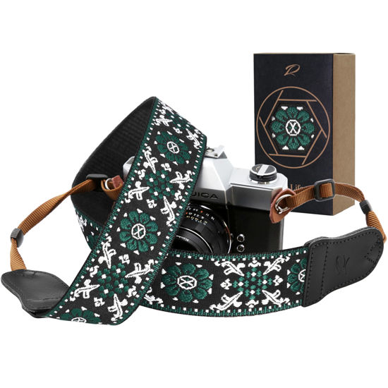 Picture of Padwa Lifestyle Camera Strap - 2" Cowhide Leather Head Cotton Camera Straps for Photographers,Vintage Jacquard Embroidery Adjustable Neck & Shoulder Strap for ALL DSLR/SLR Cameras (Green Flower)