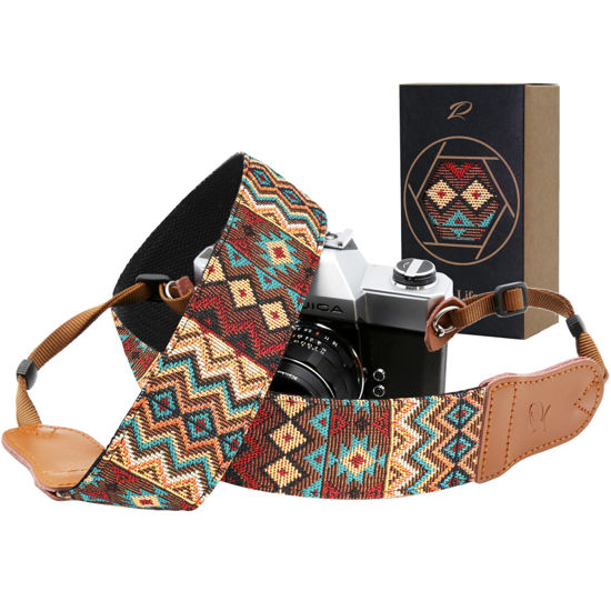 Picture of Padwa Lifestyle Camera Strap - 2" Cowhide Head Camera Straps for Photographers,Vintage Jacquard Embroidery Woven Cotton Adjustable Shoulder Neck Straps for Cameras,Binoculars（Cool Ethnic Style Brown）