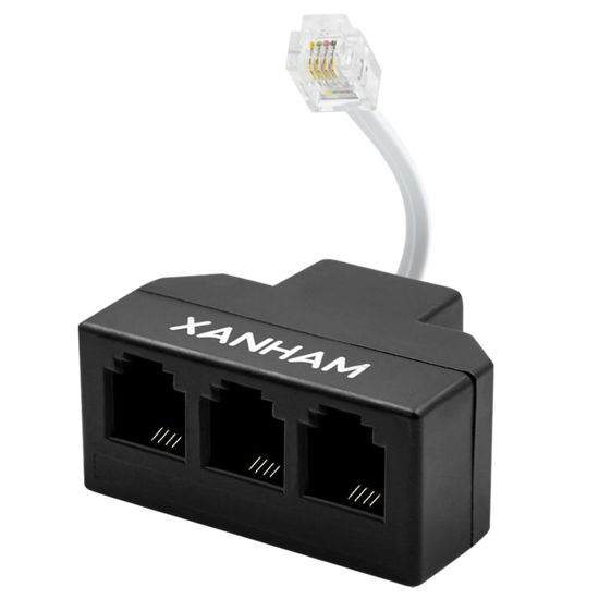 Picture of XANHAM RJ11 Cable 3 Way Splitter 6P4C Connector Phone Line Cord Adapter with 3 inch Cable for Landline Telephone Wire, Black, AV01303