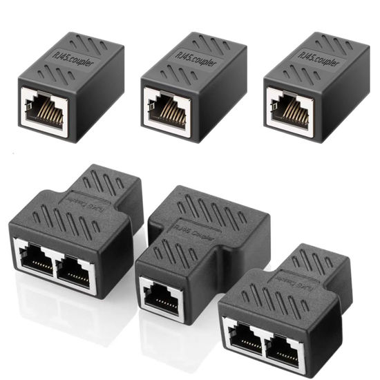 Picture of 6PCS Splitter 1 to 2/1 to 1 Port T Adapter, Ethernet Extension Adapter Network Connector for Cat7 Cat6 Cat5e Cat5 Ethernet Cable Sharing Kit for Router TV Box Camera PC Lapop (Black)