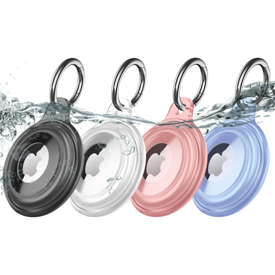 Picture of 4 Pack IPX8 Waterproof AirTag Keychain Holder Case, Lightweight, Anti-Scratch, Easy Installation,Soft Full-Body Shockproof Air Tag Holder for Luggage,Keys, Dog Collar (Black+Clear+Blue+Pink)