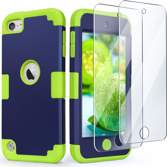 Picture of IDweel for iPod Touch Case with 2 Screen Protectors, 3 in 1 Hard PC Case + Silicone Shockproof for Kids Heavy Duty Hard Case Cover for iPod Touch 7th/6th/5th Generation,Navy Blue + Green