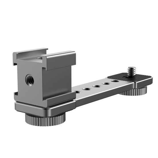 Picture of Triple Cold Shoe Extension Mount Bracket Bar with 1/4” 3/8” Camera Adapters for Attaching Gimbal, Video Light, Microphone Compatible with GoPro or DSLR Cameras