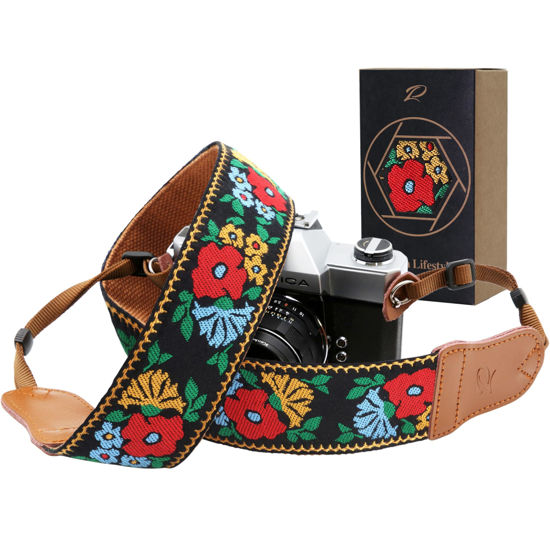 Picture of PADWA Spring Flowers Embroidered Camera Strap - Double Layer Cowhide Ends,2" Pure Cotton Woven Camera Straps, Adjustable Vintage Neck & Shoulder Strap for All DSLR Cameras,Great Gift for Photographers