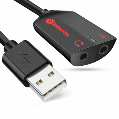 Picture of MOKFON USB Audio Adapter Support Windows,Mac,Linux. USB External Stereo Sound Card with 3.5mm Jack Headphone and Microphone for PC,Laptop,Desktop,Switch,PS4,etc. Plug and Play No Drivers Needed(Black