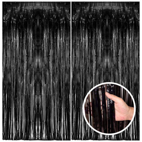 Picture of 2 Pack Black Party Streamers Backdrop Tinsel Foil Fringe Curtains Halloween Party Decorations Birthday Wednesday Twilight Party Decorations Graduation Wizard Party Supplies