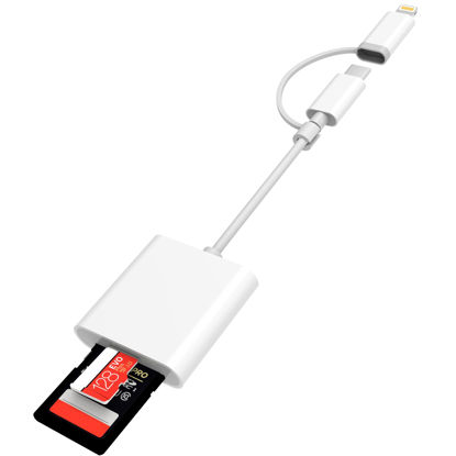 Picture of SD Card Reader for iPhone iPad, Dual Connector (USB-C&Lightning) Micro SD Memory Card Reader, 2 in 1 SD and TF Card Adapter High-Speed Trail Camera Viewer, Plug and Play