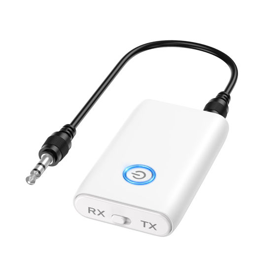 Picture of OQIMAX Bluetooth Transmitter Receiver, Hands-Free Call Aux Bluetooth Adapter for Car, Wireless Bluetooth Car Adapter, 3.5mm Bluetooth Audio Adapter Car Home Audio System Headphones Airplane White