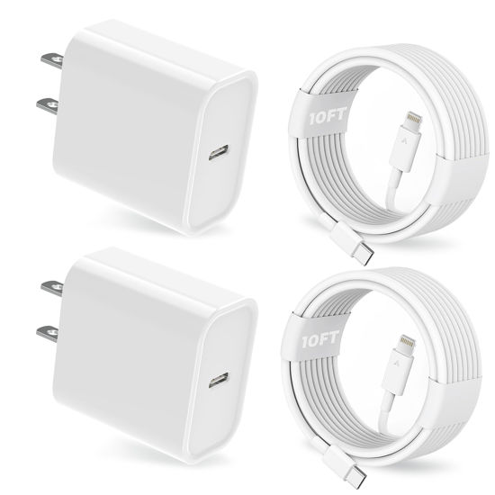 Picture of iPhone Charger, 2 Pack 20W PD USB C Wall Fast Charger Adapter with 2 Pack 10FT Long Type C to Lightning Cable Compatible with iPhone 14 13 12 11 Pro Max XR XS X,iPad