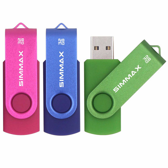 Picture of SIMMAX 3 Pack 32GB Memory Stick USB 2.0 Flash Drives Swivel Thumb Drive Pen Drive (32GB Pink Blue Green)