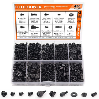 Picture of HELIFOUNER 450 Pieces Computer Standoffs Screws Assortment Kit for 2.5" SSD, Hard Drive, Computer Case, Motherboard, Fan Power Graphics with Screwdriver, Black