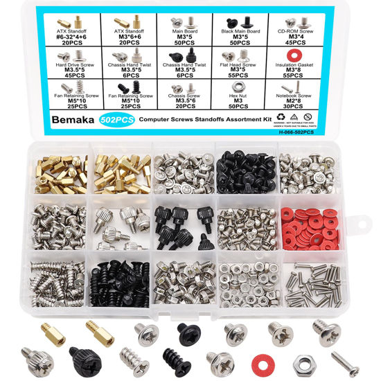 Picture of Bemaka 502PCS Computer Screws Assortment Kit, Motherboard Standoffs Screws PC Screws for PC Fan, PC Case, HDD Hard Drive, Laptop, SSD, CD-ROM, Used for DIY Installation & Repair of Computer Parts