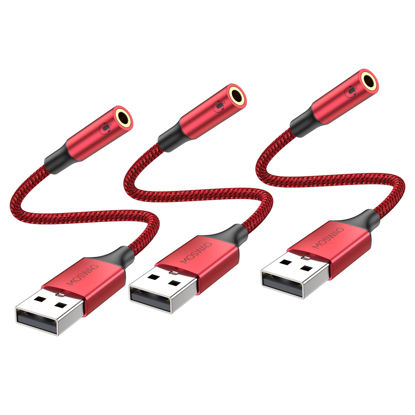 Picture of MOSWAG USB to 3.5mm Jack Audio Adapter,USB to Aux Cable with TRRS 4-Pole Mic-Supported USB to Headphone AUX Adapter External Sound Card for PC PS4 PS5 and More (0.65Ft/20cm(3pack), Red)