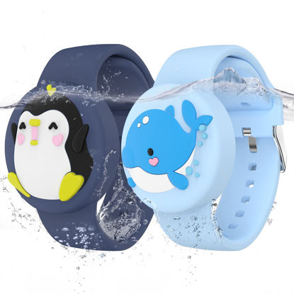 Picture of Waterproof Air tag Bracelets For Kids (2 Pack) - Soft Silicone Hidden Air tag Wristband - Lightweight GPS Tracker Holder Compatible with Apple Airtag Watch Band For Child (Penguin & Whale)