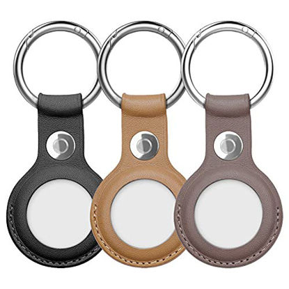 Picture of 3-Pack Genuine Leather Case for AirTag 2021, Protective Case Tracker Holder with Key Chain, Easy Carry AirTag Cover for Keys, Backpacks, Liner Bags (Black-Brown-Gray)