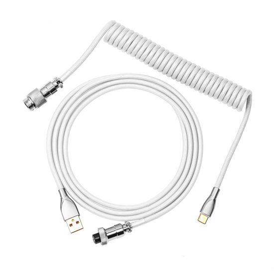 Picture of EPOMAKER Mix 1.8m Coiled Keyboard Cable, USB C to USB A TPU Cable for Mechanical Gaming Keyboard, with Detachable Metal Aviator for Custom Keyboard, White