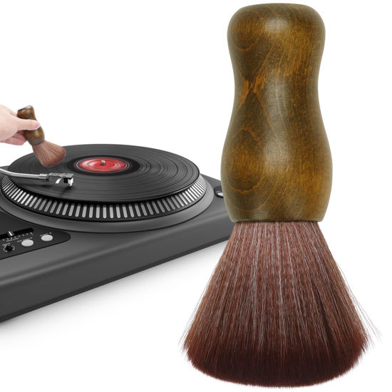 Picture of Vinyl Records Cleaner Brush, Wooden Handle Vinyl Record Dust Remover Anti-Static Record Cleaning Brush Soft Bristles Disc Cleaner Record Player Accessories for Lens Player CD